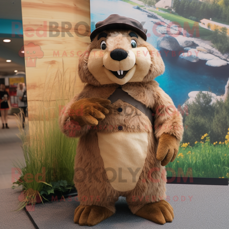 Brown Marmot mascot costume character dressed with a Sheath Dress and Caps