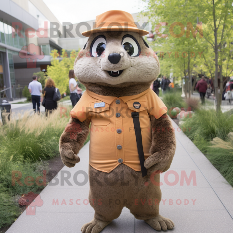 Brown Marmot mascot costume character dressed with a Sheath Dress and Caps