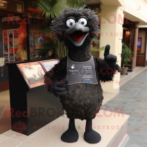 Black Ostrich mascot costume character dressed with a Rash Guard and Clutch bags