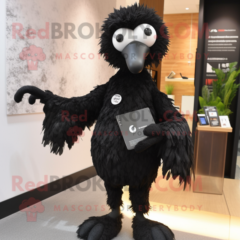 Black Ostrich mascot costume character dressed with a Rash Guard and Clutch bags Black Ostrich mascot costume character dressed with a Rash Guard and Clutch bags
