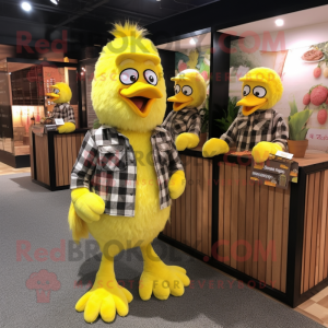 Lemon Yellow Hens mascot costume character dressed with a Flannel Shirt and Coin purses