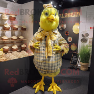 Lemon Yellow Hens mascot costume character dressed with a Flannel Shirt and Coin purses