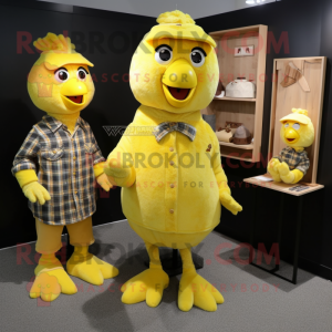 Lemon Yellow Hens mascot costume character dressed with a Flannel Shirt and Coin purses