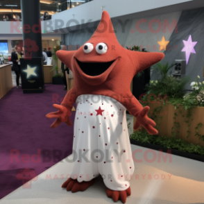 Maroon Starfish mascot costume character dressed with a Wedding Dress and Lapel pins