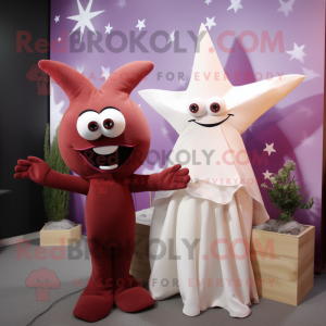Maroon Starfish mascot costume character dressed with a Wedding Dress and Lapel pins