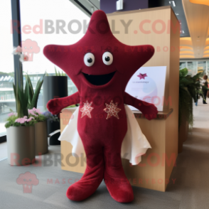 Maroon Starfish mascot costume character dressed with a Wedding Dress and Lapel pins