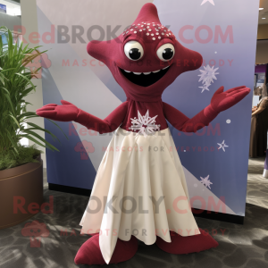 Maroon Starfish mascot costume character dressed with a Wedding Dress and Lapel pins