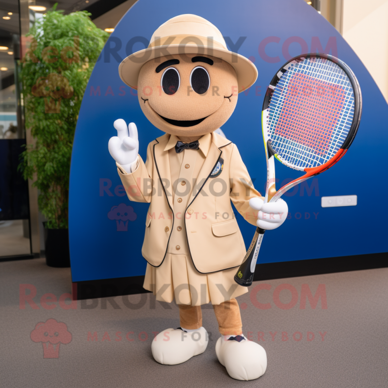 Tan Tennis Racket mascot costume character dressed with a Suit Jacket and Berets Tan Tennis Racket mascot costume character dressed with a Suit Jacket and Berets