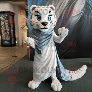 Silver Tiger mascot costume character dressed with a Wrap Skirt and Scarf clips