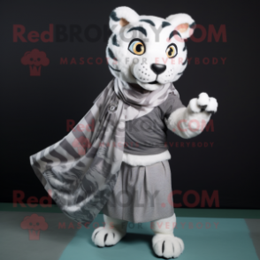 Silver Tiger mascot costume character dressed with a Wrap Skirt and Scarf clips