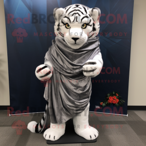 Silver Tiger mascot costume character dressed with a Wrap Skirt and Scarf clips