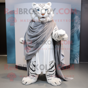 Silver Tiger mascot costume character dressed with a Wrap Skirt and Scarf clips