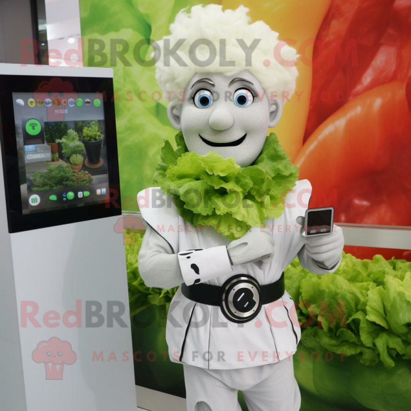 Silver Caesar Salad mascot costume character dressed with a Blouse and Digital watches Silver Caesar Salad mascot costume character dressed with a Blouse and Digital watches