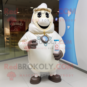 Cream Bottle Of Milk mascot costume character dressed with a Parka and Smartwatches