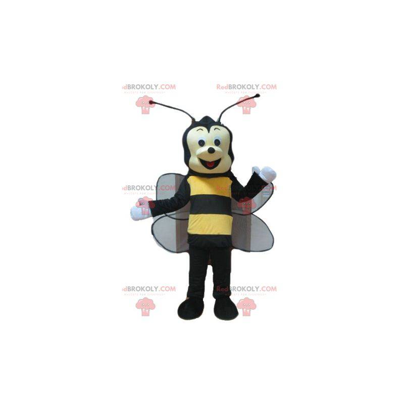 Mascotte d'abeille de guêpe noire et jaune souriante -