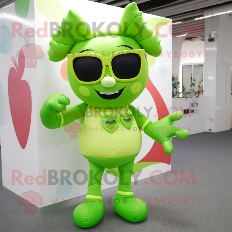 Lime Green Cupid mascot costume character dressed with a Leggings and Sunglasses Lime Green Cupid mascot costume character dressed with a Leggings and Sunglasses