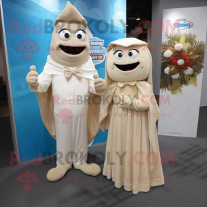 Beige Alliance mascot costume character dressed with a Wedding Dress and Pocket squares