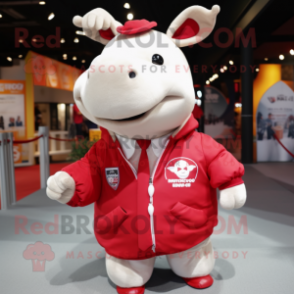 Red Rhinoceros mascot costume character dressed with a Windbreaker and Tie pins