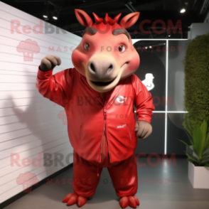 Red Rhinoceros mascot costume character dressed with a Windbreaker and Tie pins