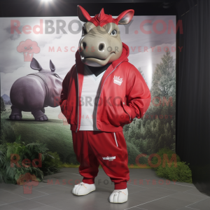 Red Rhinoceros mascot costume character dressed with a Windbreaker and Tie pins