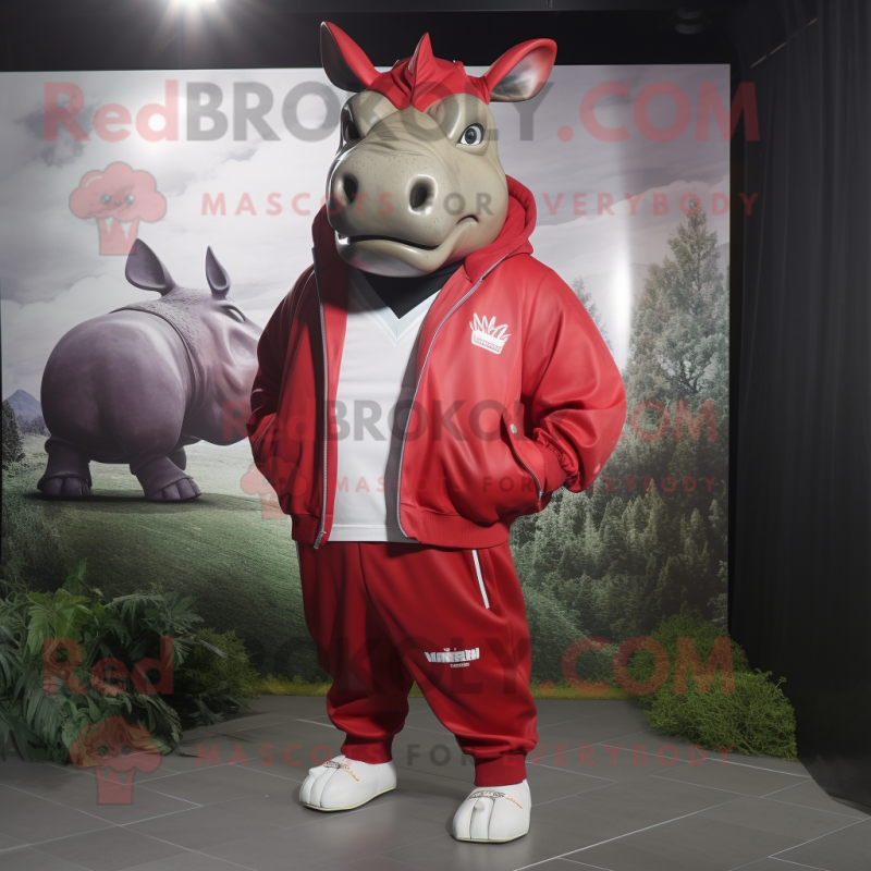 Red Rhinoceros mascot costume character dressed with a Windbreaker and Tie pins Red Rhinoceros mascot costume character dressed with a Windbreaker and Tie pins
