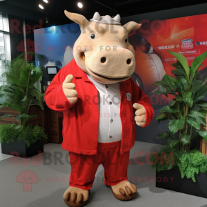 Red Rhinoceros mascot costume character dressed with a Windbreaker and Tie pins