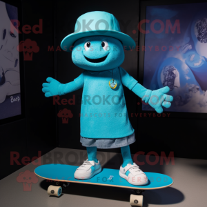 Cyan Skateboard mascot costume character dressed with a Mini Dress and Hat pins