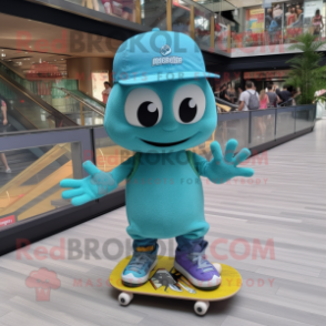 Cyan Skateboard mascot costume character dressed with a Mini Dress and Hat pins