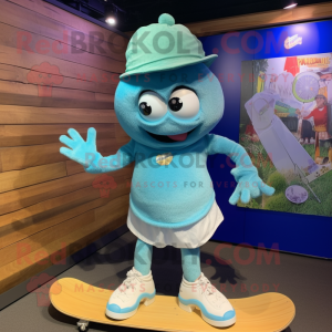 Cyan Skateboard mascot costume character dressed with a Mini Dress and Hat pins