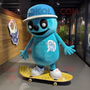 Cyan Skateboard mascot costume character dressed with a Mini Dress and Hat pins