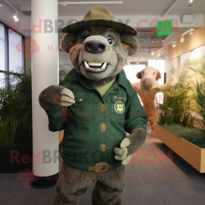 Forest Green Buffalo mascot costume character dressed with a Henley Shirt and Hat pins