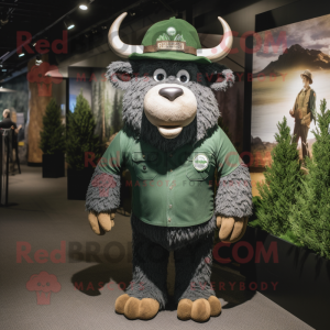 Forest Green Buffalo mascot costume character dressed with a Henley Shirt and Hat pins