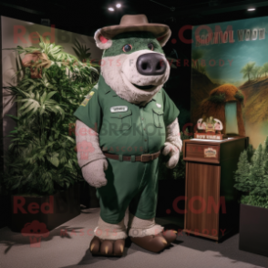 Forest Green Buffalo mascot costume character dressed with a Henley Shirt and Hat pins