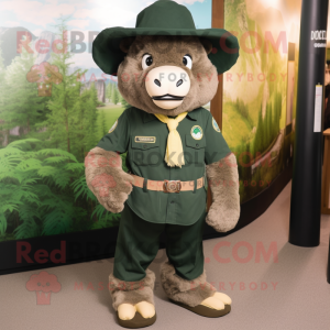 Forest Green Buffalo mascot costume character dressed with a Henley Shirt and Hat pins