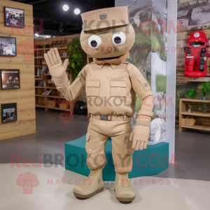 Tan Army Soldier mascot costume character dressed with a Skinny Jeans and Clutch bags