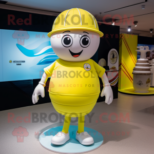 Lemon Yellow Plate Spinner mascot costume character dressed with a Polo Tee and Beanies