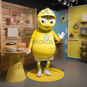Lemon Yellow Plate Spinner mascot costume character dressed with a Polo Tee and Beanies