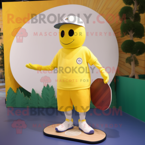 Lemon Yellow Plate Spinner mascot costume character dressed with a Polo Tee and Beanies