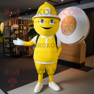 Lemon Yellow Plate Spinner mascot costume character dressed with a Polo Tee and Beanies