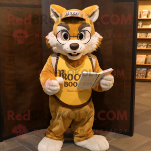 Gold Bobcat mascot costume character dressed with a Waistcoat and Reading glasses