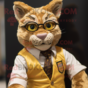 Gold Bobcat mascot costume character dressed with a Waistcoat and Reading glasses