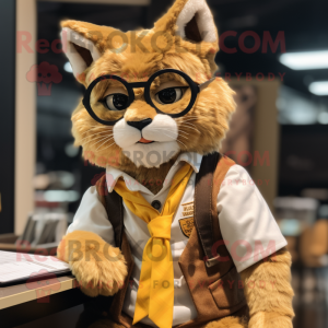 Gold Bobcat mascot costume character dressed with a Waistcoat and Reading glasses