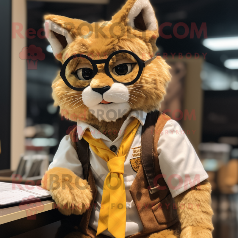 Gold Bobcat mascot costume character dressed with a Waistcoat and Reading glasses