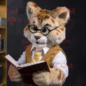 Gold Bobcat mascot costume character dressed with a Waistcoat and Reading glasses
