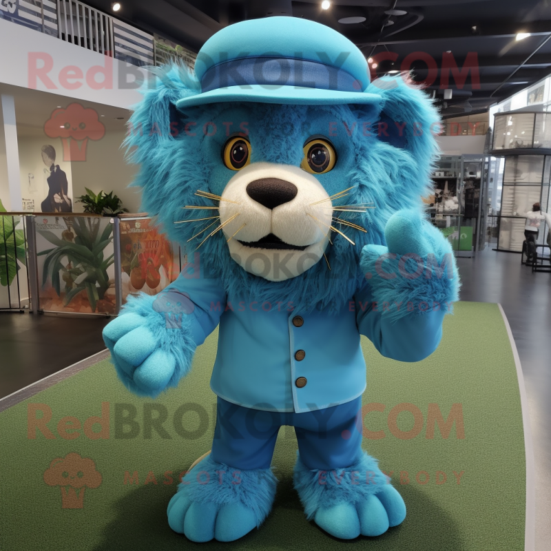 Cyan Tamer Lion mascot costume character dressed with a Romper and Hats Cyan Tamer Lion mascot costume character dressed with a Romper and Hats