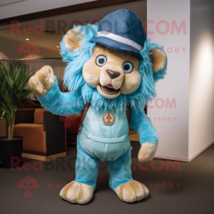 Cyan Tamer Lion mascot costume character dressed with a Romper and Hats