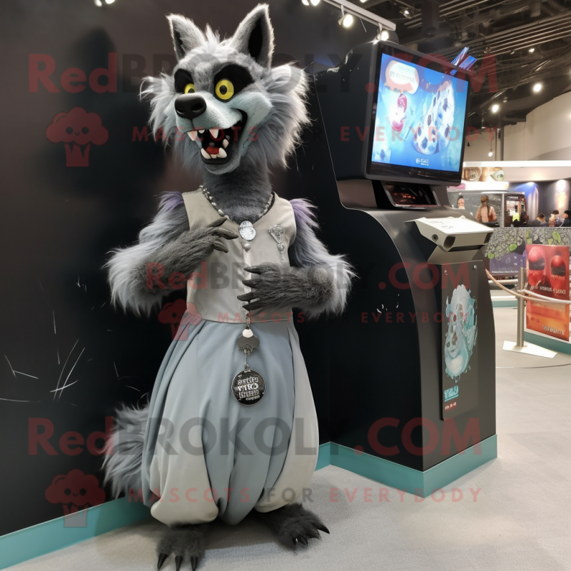 Gray Hyena mascot costume character dressed with a Ball Gown and Digital watches