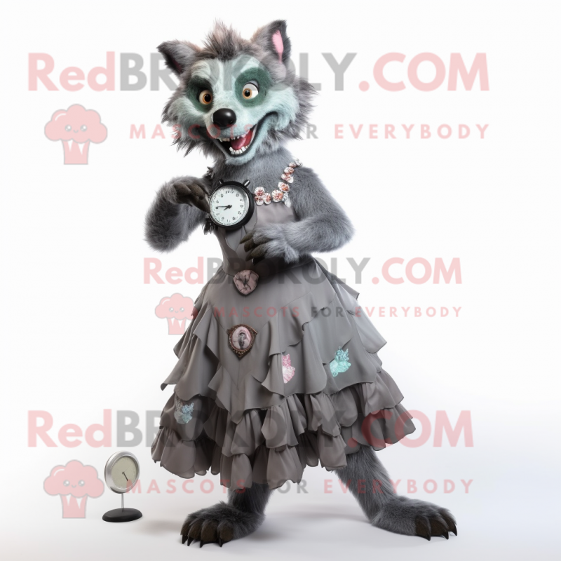 Gray Hyena mascot costume character dressed with a Ball Gown and Digital watches Gray Hyena mascot costume character dressed with a Ball Gown and Digital watches