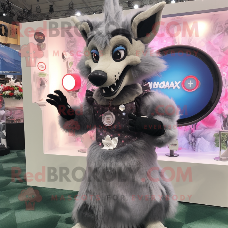 Gray Hyena mascot costume character dressed with a Ball Gown and Digital watches Gray Hyena mascot costume character dressed with a Ball Gown and Digital watches