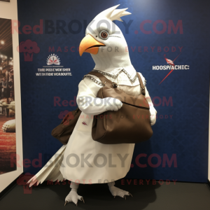 White Pheasant mascot costume character dressed with a Oxford Shirt and Messenger bags